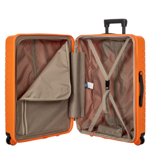 Orange suitcase with open lid showing beige interior