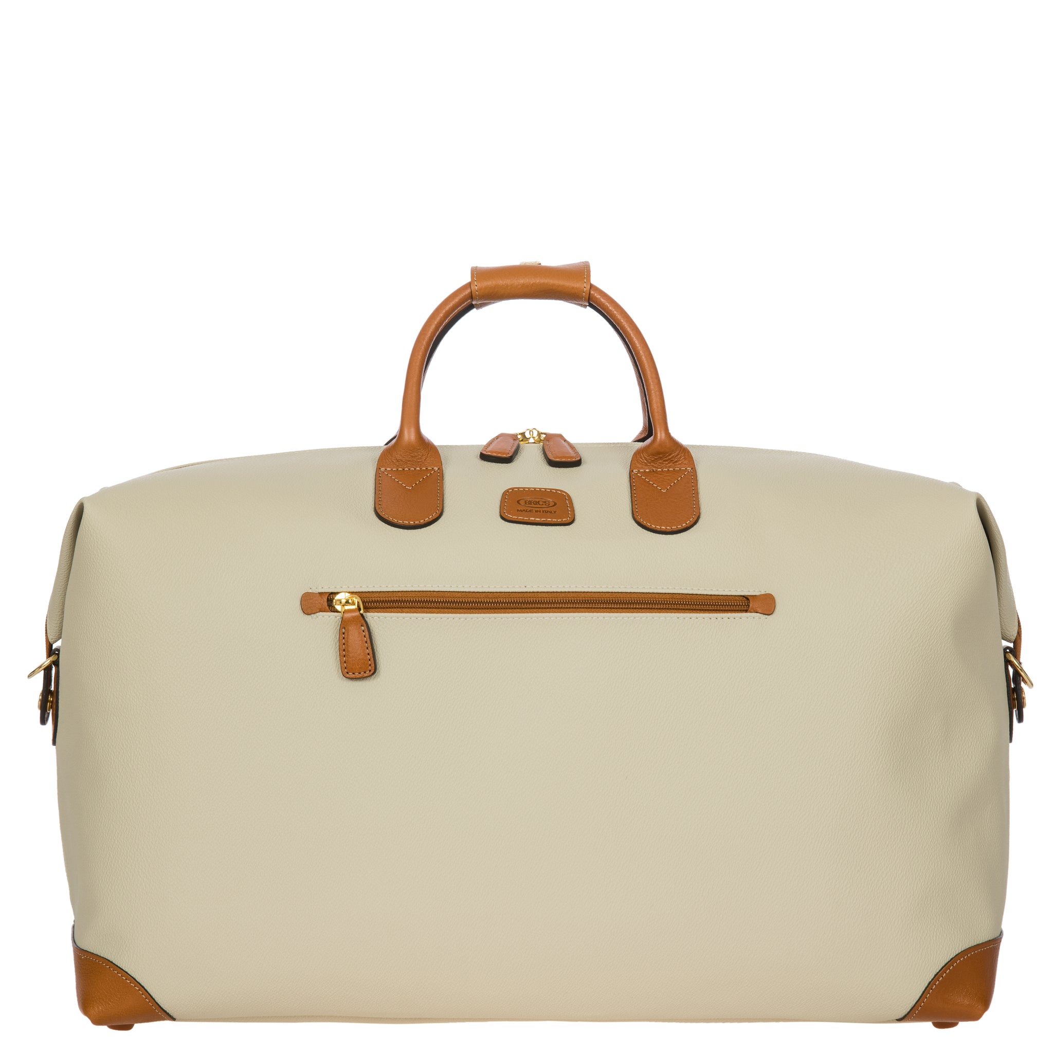 Beige travel bag with brown accents on a white background
